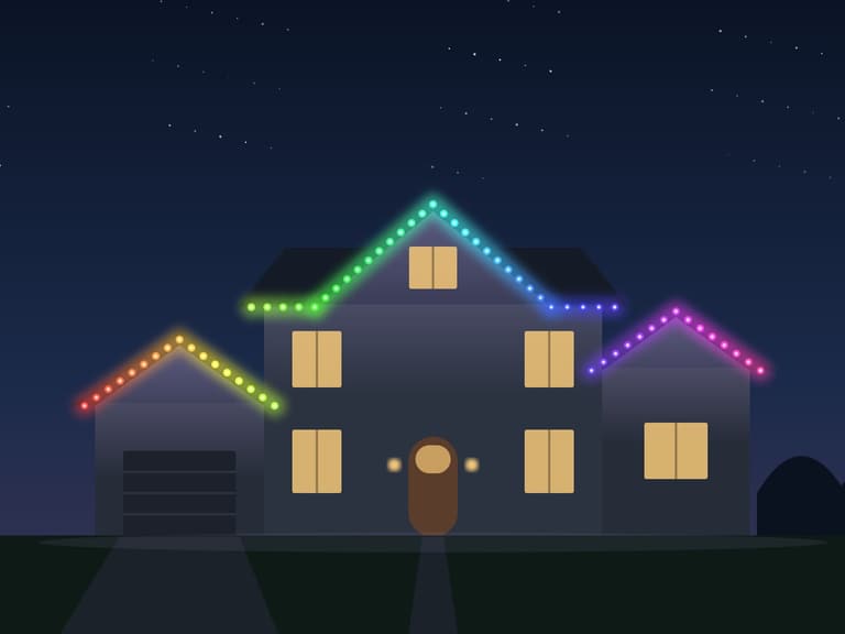 Illustration of a home with a rainbow of color-changing lights along its roofline