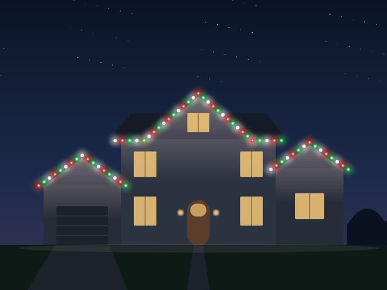 Illustration of a home with red, green and white holiday lights along its roofline